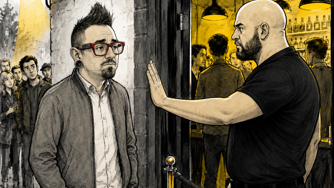 Auto-generated description: A man with glasses and a mohawk stands on one side of a door while a bald, bearded security guard in a black shirt blocks his entry, with a crowd of people waiting inside a warmly lit bar.