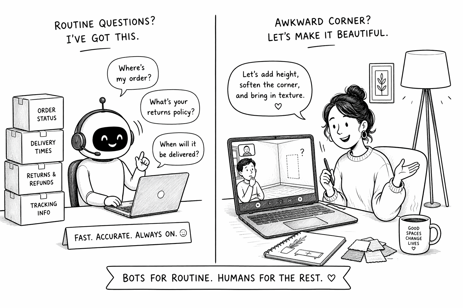 A robot handles routine customer service inquiries on the left, while a person engages in creative work on a laptop on the right, illustrating the different roles of automation and human creativity.
