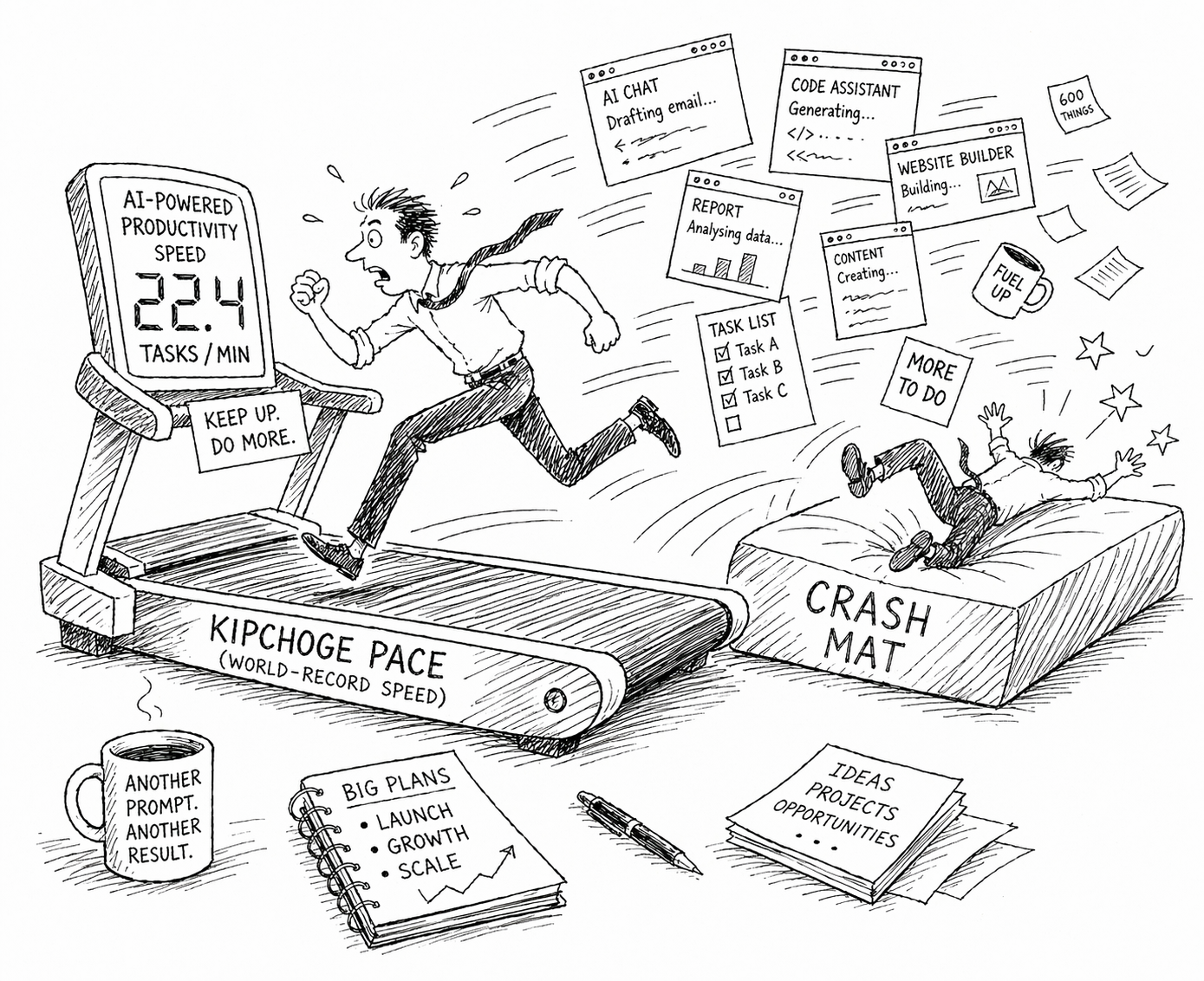 Auto-generated description: A man is running on a treadmill labeled Kipchoge Pace, surrounded by productivity-related tasks and documents, heading towards a crash mat.