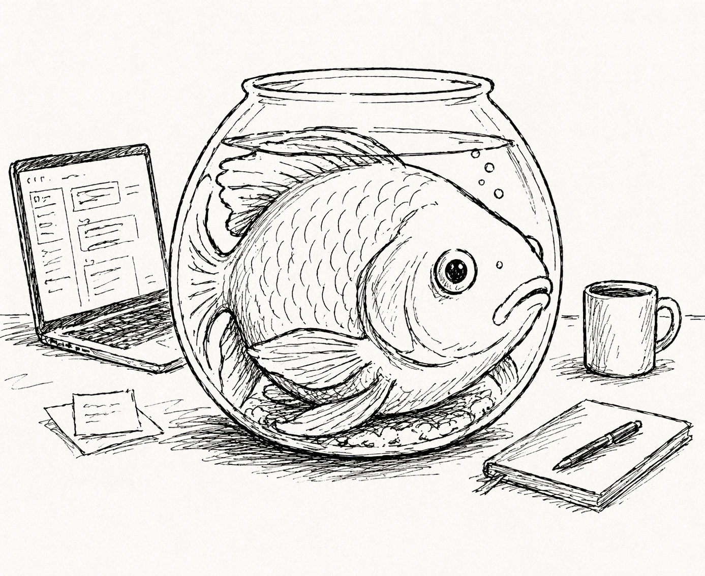 Auto-generated description: A large fish sits inside a small fishbowl on a desk with a laptop, cup, and notebook.