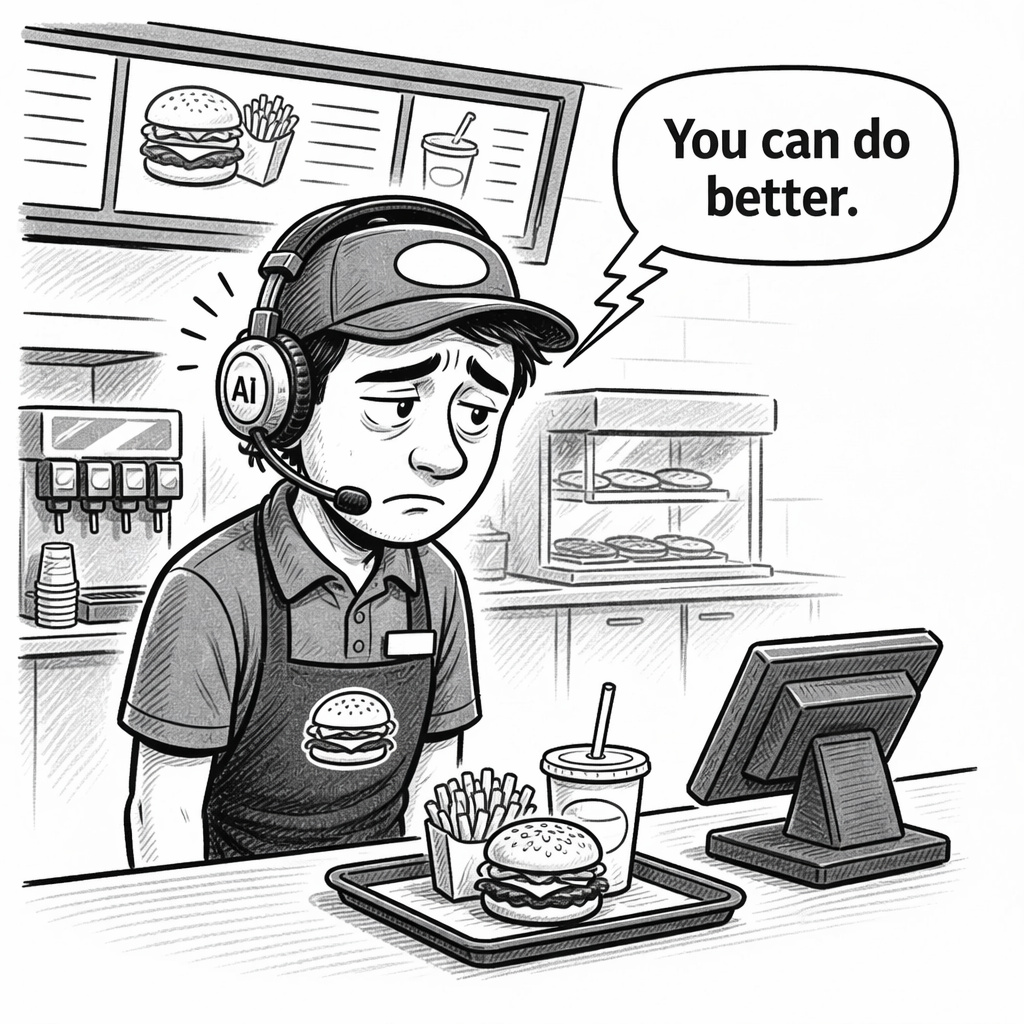 Auto-generated description: A fast-food worker with an AI headset appears frustrated as the headset critiques their performance.
