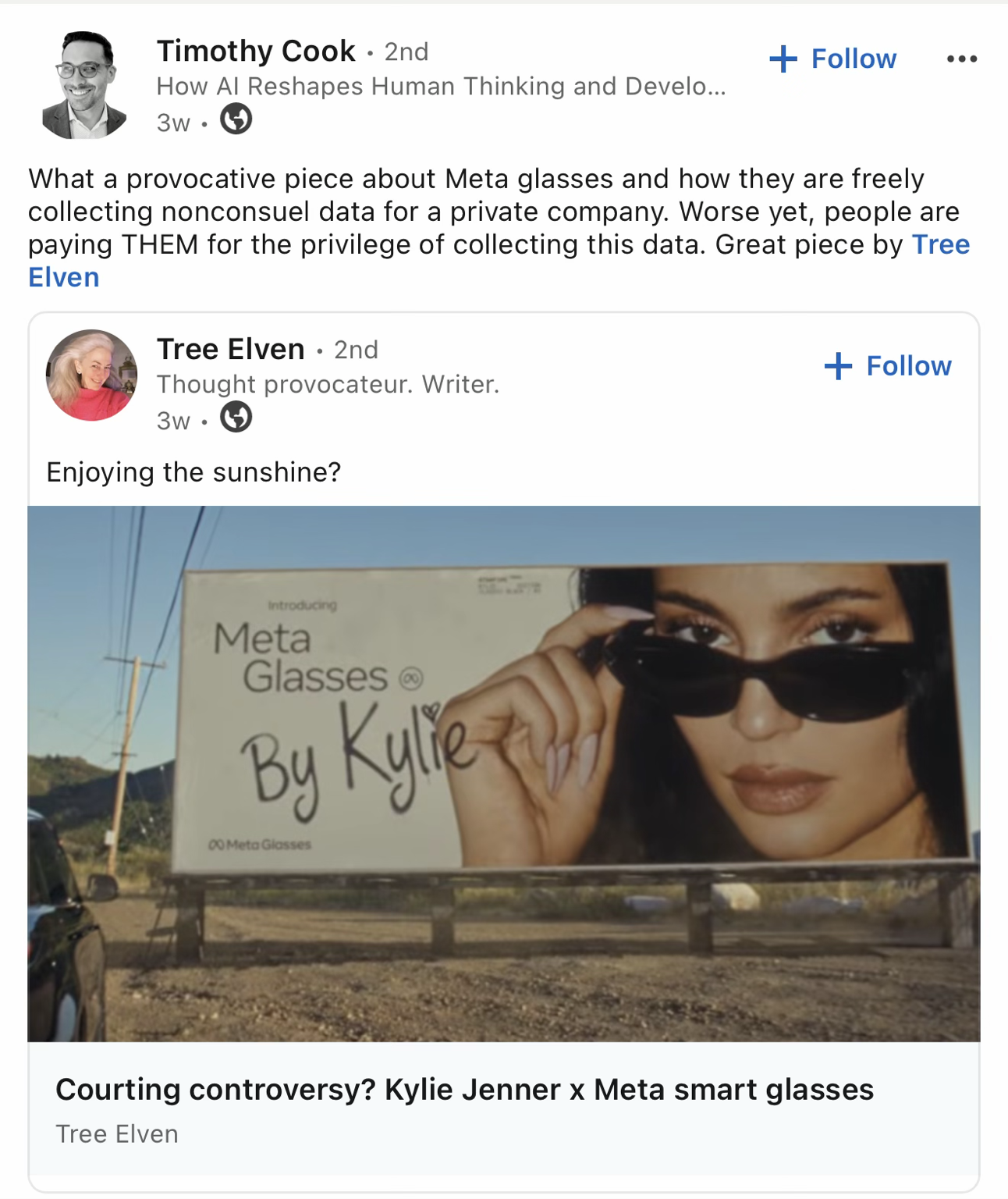 Auto-generated description: A LinkedIn post discusses the controversy around Meta smart glasses co-branded by Kylie Jenner and the privacy concerns about nonconsensual data collection related to them.