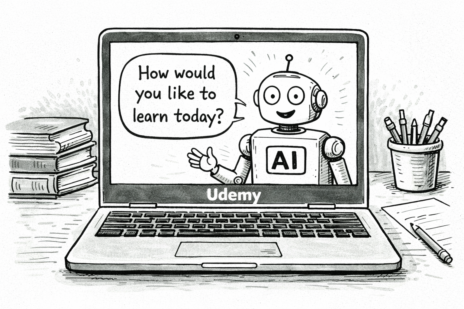 A laptop displays a friendly cartoon robot on the screen, asking, How would you like to learn today? with books and pencils nearby.