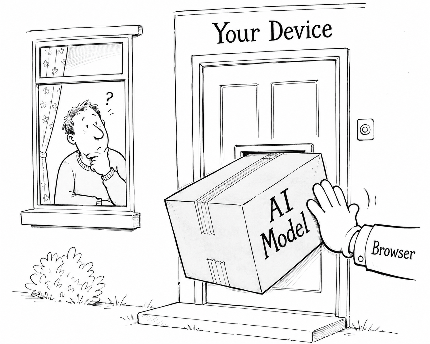 Auto-generated description: A man looks confusedly out the window as a large package labeled AI Model is delivered to a door labeled Your Device by a hand labeled Browser.