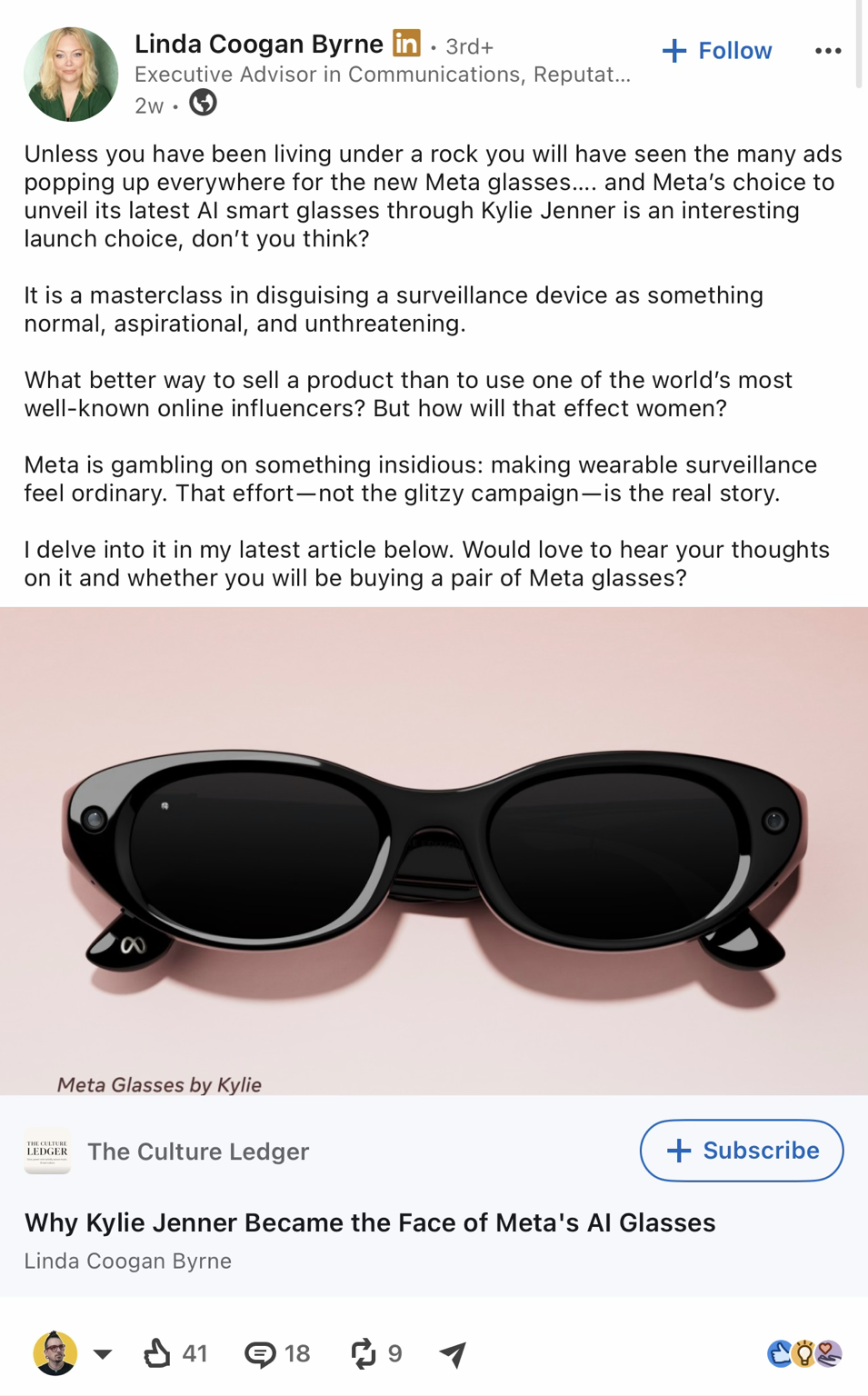 Auto-generated description: Linda Coogan Byrne shares a critical perspective on Meta's launch of AI smart glasses, promoted by Kylie Jenner, highlighting concerns about the product's potential use as a surveillance device disguised as a fashionable accessory.