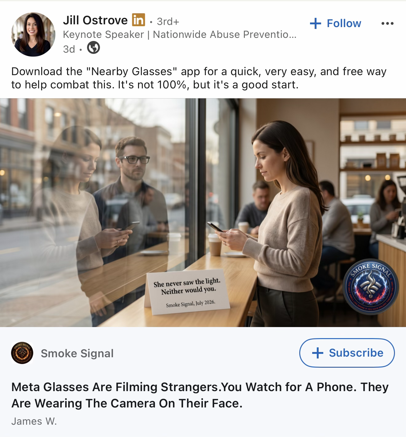 Auto-generated description: A woman using a phone inside a cafe or public space is being filmed by a man wearing camera-equipped glasses outside the window, highlighting concerns about privacy and surveillance.