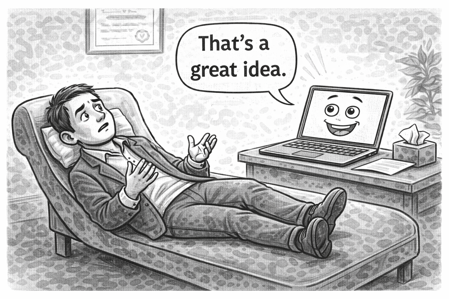 A person is lying on a therapist's couch, speaking to a smiling laptop screen displaying a speech bubble that reads, That's a great idea.