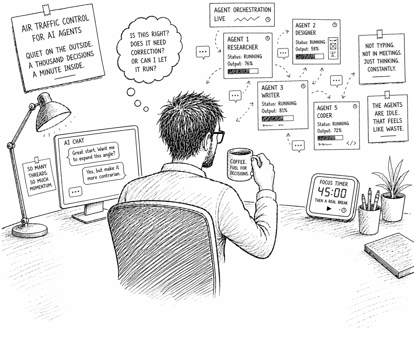 Auto-generated description: A person is contemplating a complex system of interconnected AI agents, while surrounded by notes and screens indicating the need for focus and decision-making.