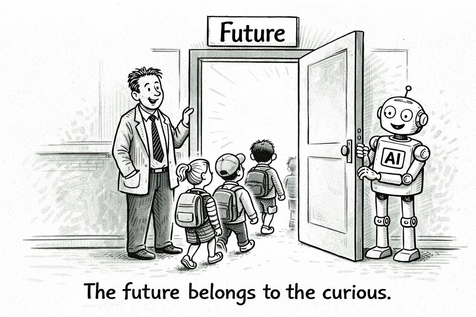 A group of children with backpacks is entering a door labeled Future, guided by a smiling man and a robot with AI on its chest, with the caption The future belongs to the curious.
