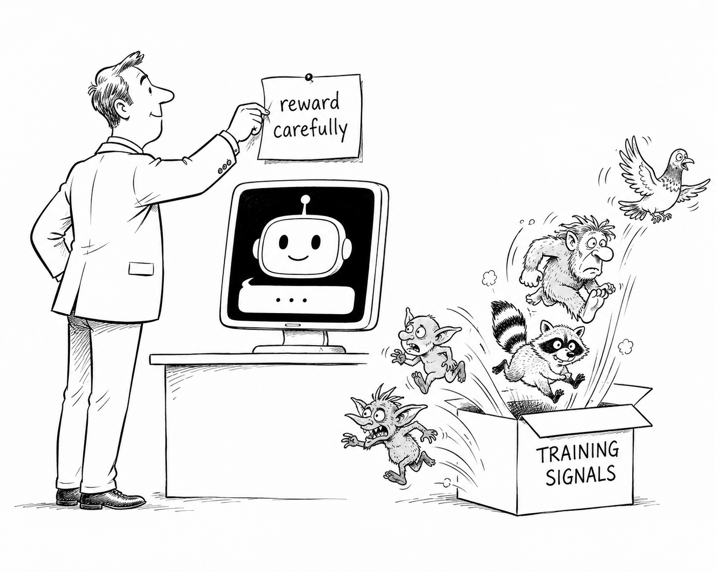 Auto-generated description: A man rewards a smiling robot on a computer screen while various animals excitedly emerge from a box labeled Training Signals.