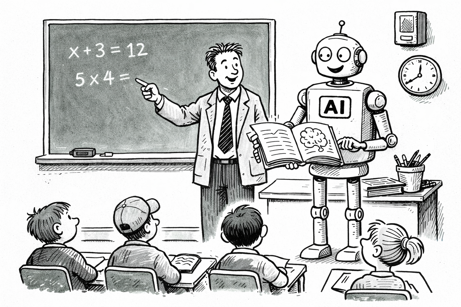 A teacher and a robot marked AI stand at the front of a classroom, explaining math to attentive students.