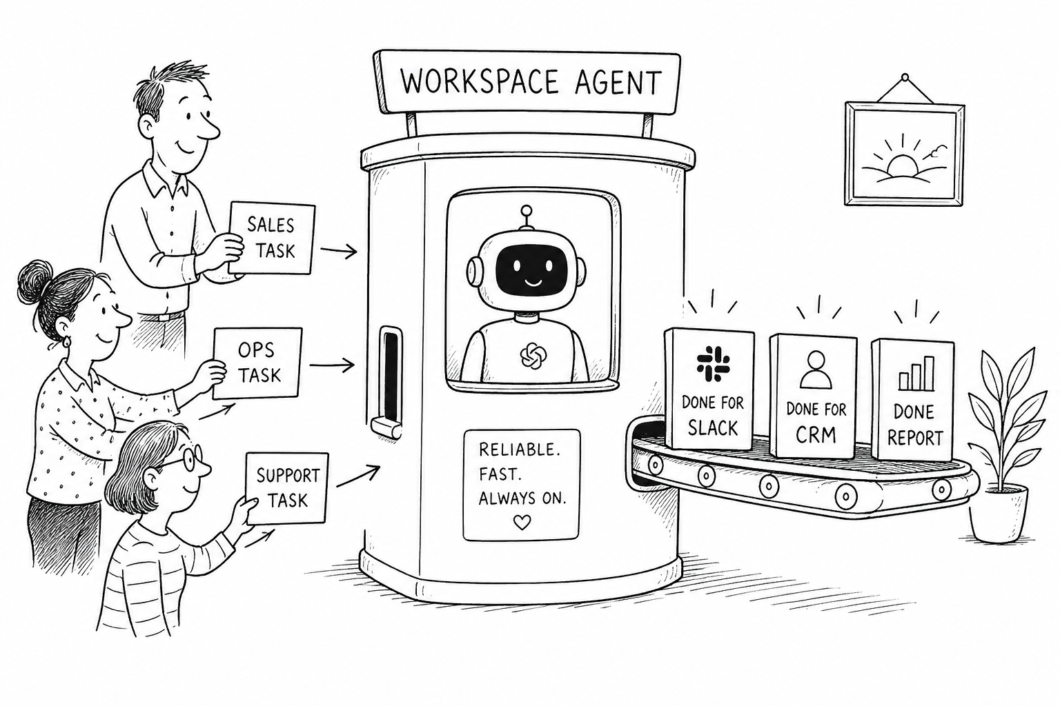Auto-generated description: A robot in a Workspace Agent booth efficiently handles and processes various tasks, outputting completed projects on a conveyor belt for different applications.