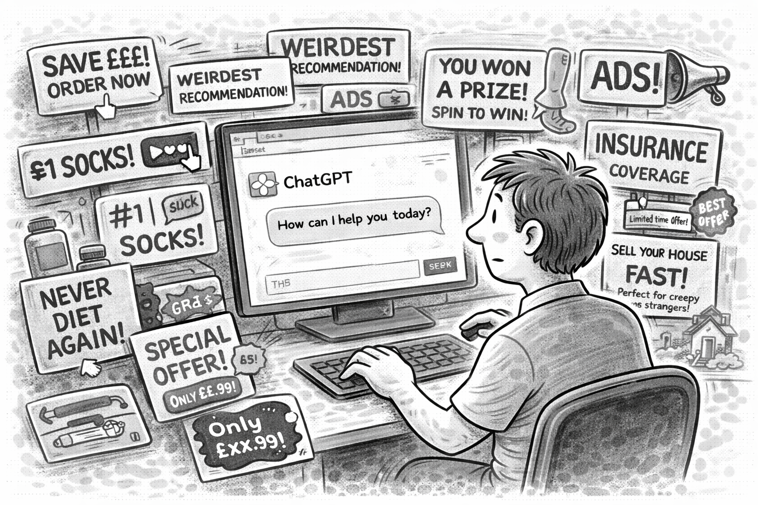 Auto-generated description: A person is using a computer surrounded by overwhelming pop-up ads and offers.