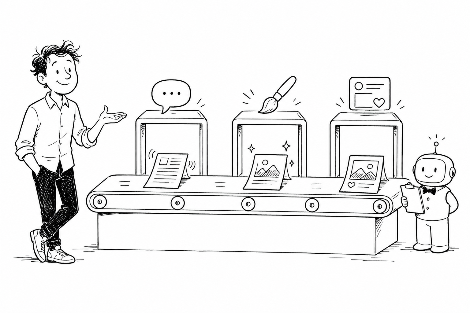 Auto-generated description: A person interacts with a robot beside a conveyor belt carrying documents, images, and icons, suggesting a workflow or automation process.