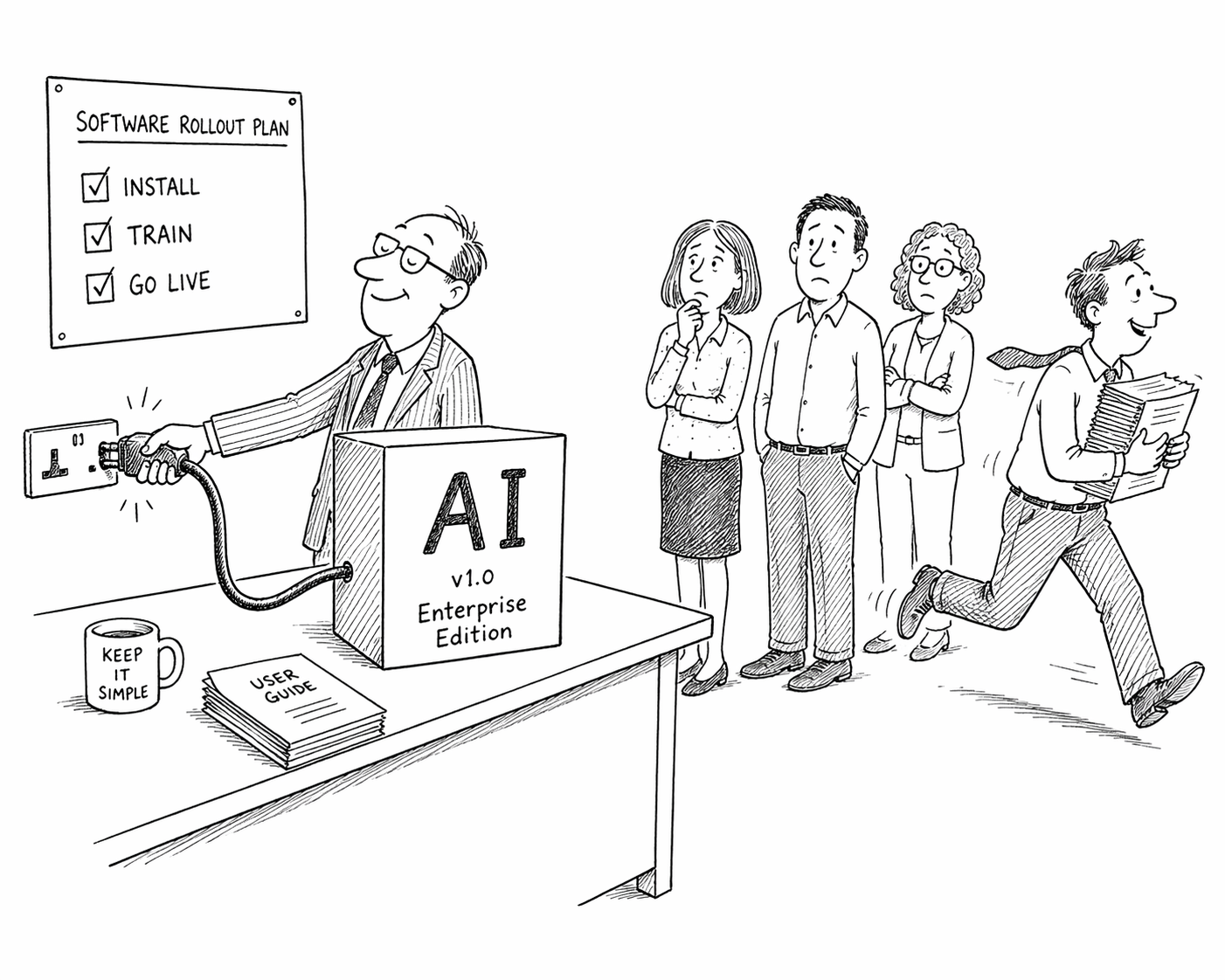Auto-generated description: A man is about to plug in a large AI device labeled Enterprise Edition while a line of concerned people wait, and another man rushes in with documents.