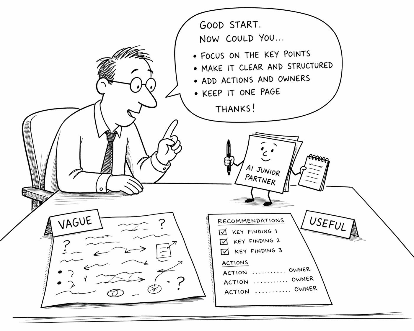 Auto-generated description: A person is being advised by a cartoon figure labeled AI Junior Partner on making their written report more useful by focusing on key points and structuring it.