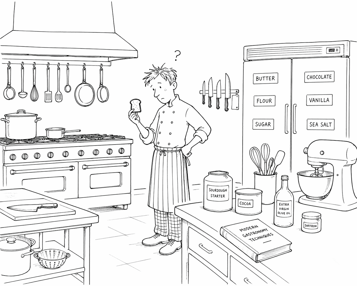 Auto-generated description: A chef stands puzzled in a well-equipped kitchen, holding a piece of toast, surrounded by various ingredients and utensils.