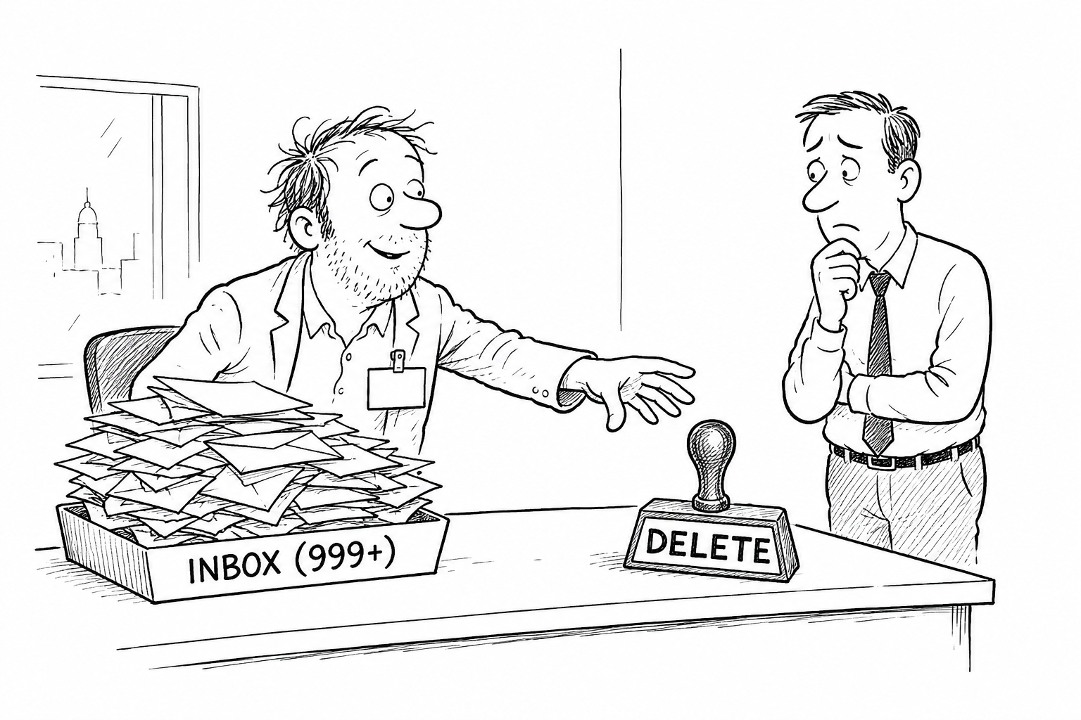 Auto-generated description: A disheveled person stands in front of a large stack of papers labeled INBOX (999+) and reaches for a stamp marked DELETE, while another person looks on thoughtfully.