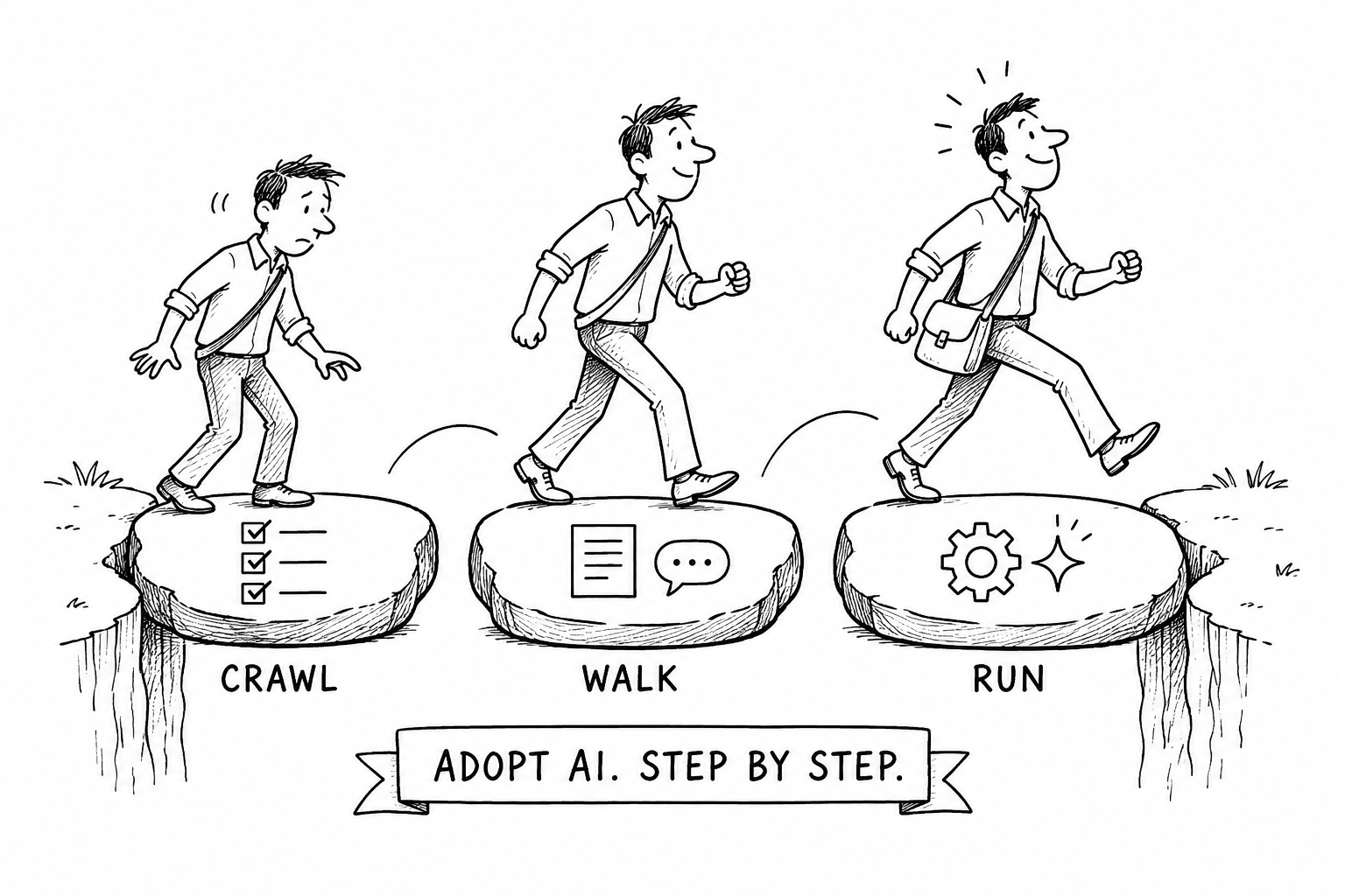 Auto-generated description: A cartoon illustrates the concept of progressively adopting AI by showing a man moving from crawl with a checklist, to walk with conversation icons, to run with gears and sparkles, across three stepping stones.