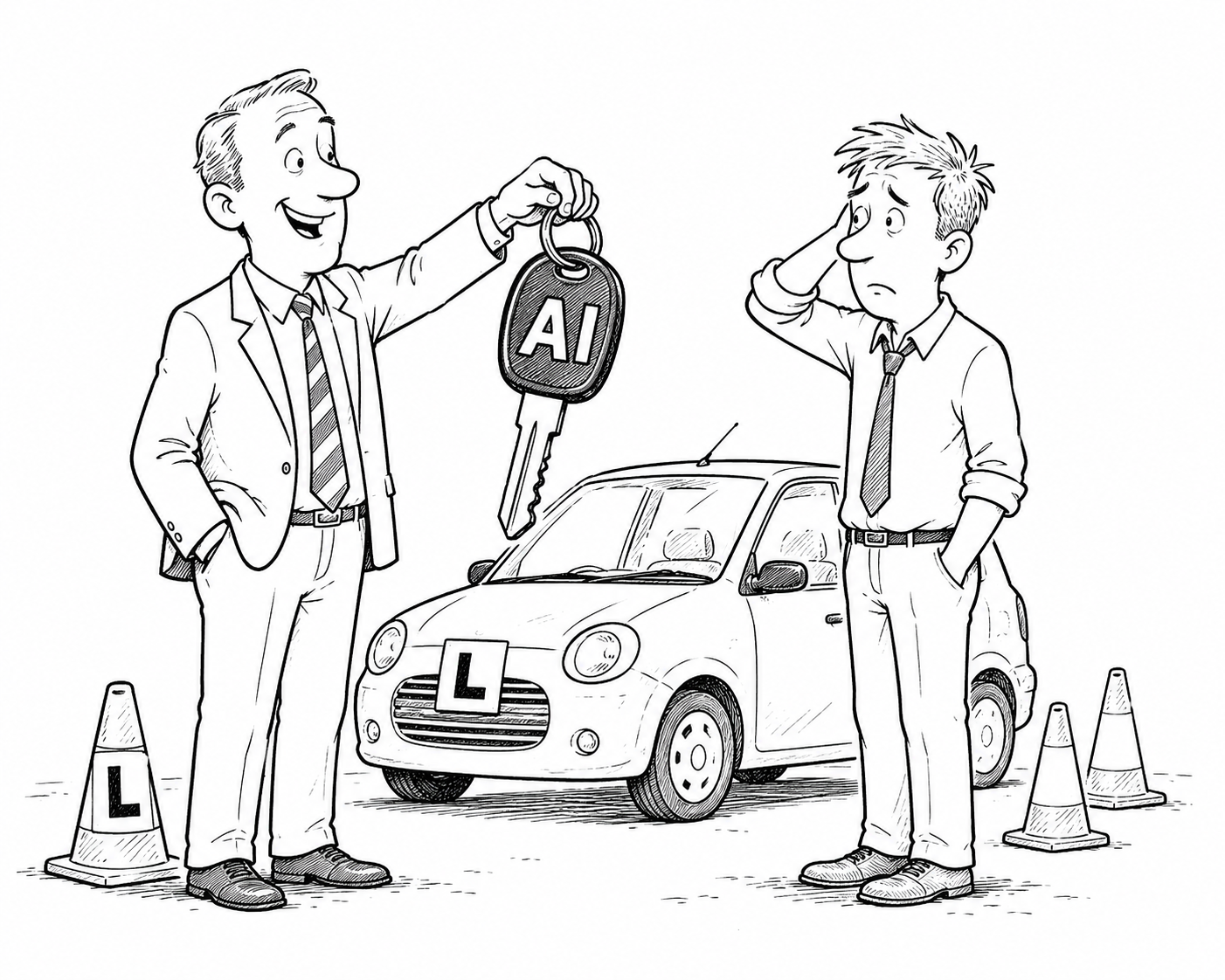 Auto-generated description: A smiling man hands car keys labeled AI to a worried-looking man standing next to a car with learner plates.