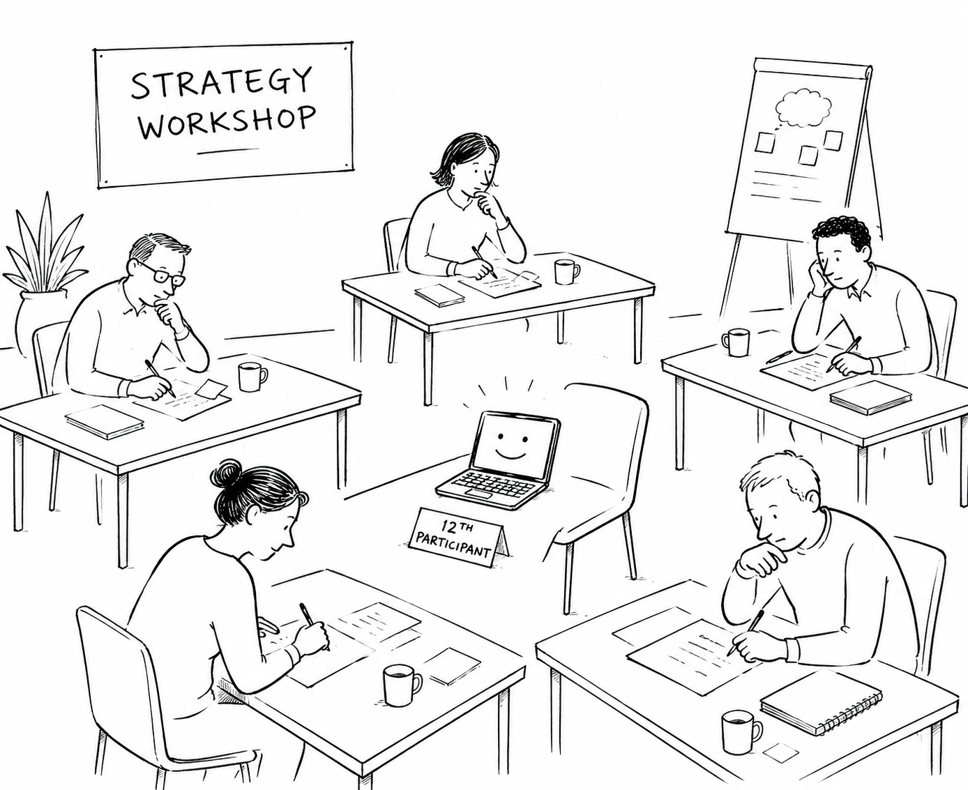 Auto-generated description: A group of people are participating in a Strategy Workshop, with a smiling laptop labeled 12th participant.