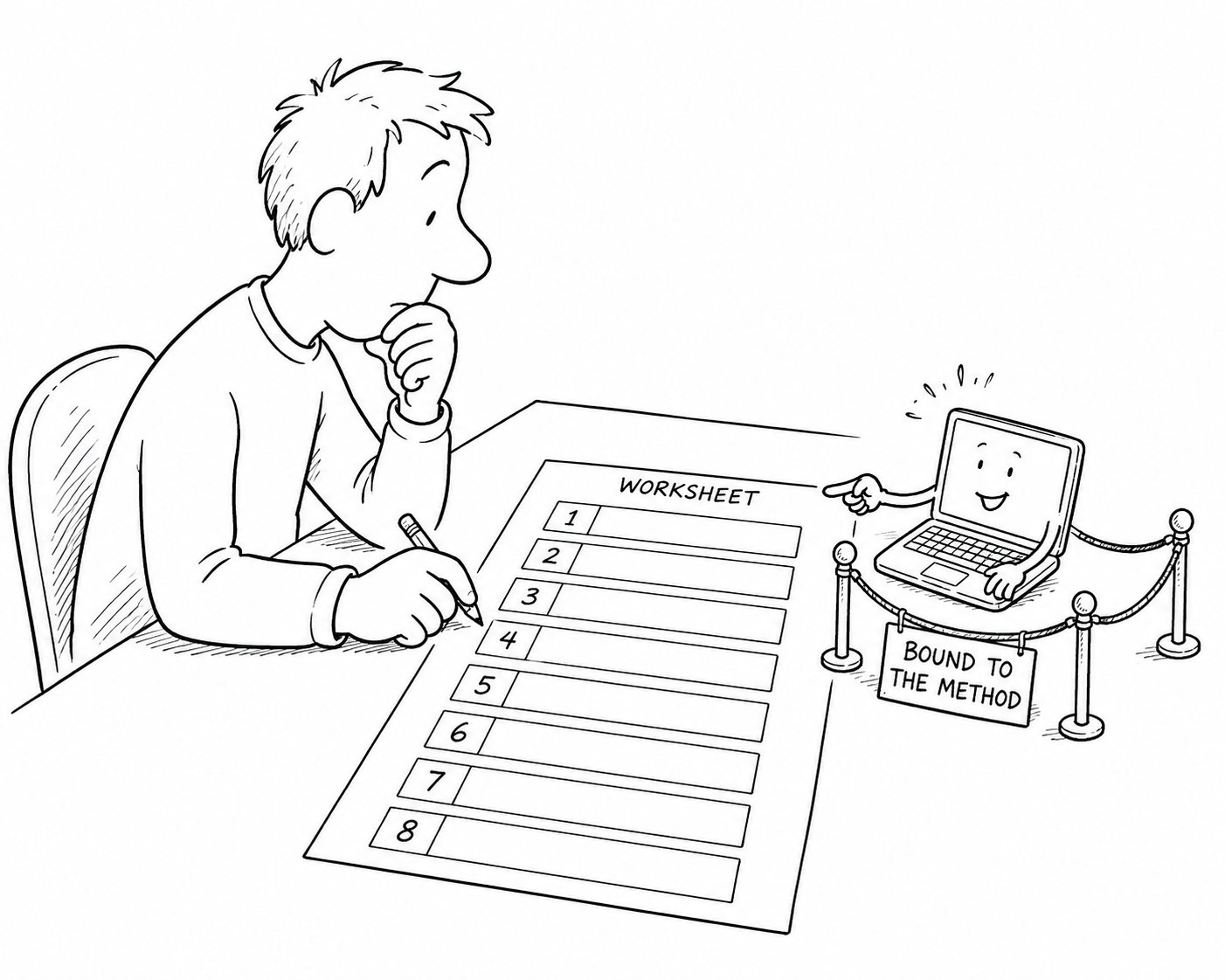 Auto-generated description: A person is thinking while filling out a worksheet with a smiling laptop labeled Bound to the Method nearby.