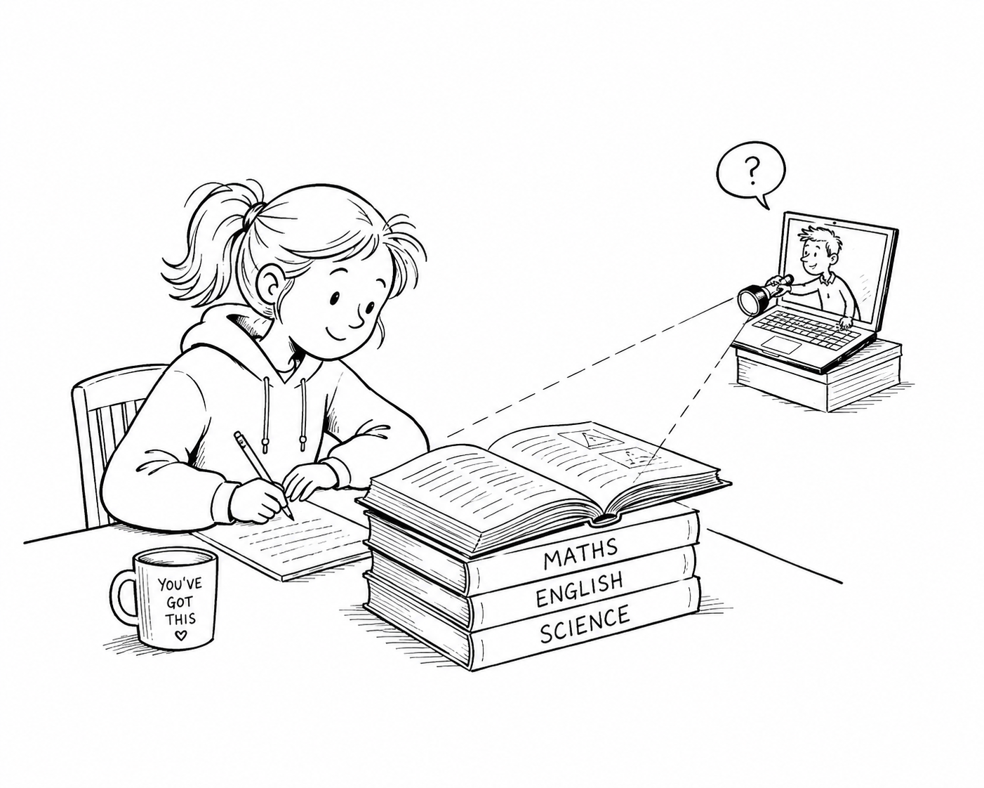 Auto-generated description: A girl is studying with books labeled Maths, English, and Science while a confused person on a laptop screen watches her.
