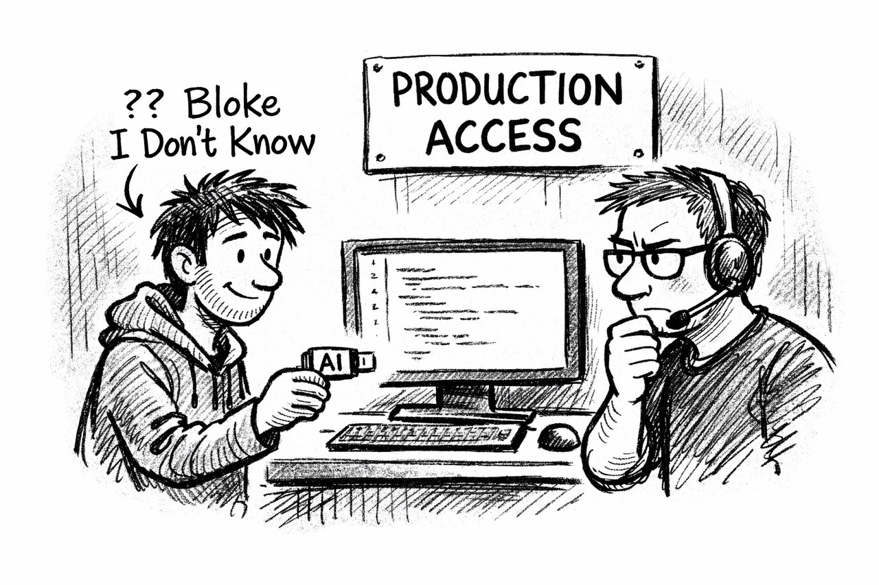 Auto-generated description: A person labeled AI is holding a label gun, facing another person in front of a computer and a Production Access sign with a suspicious expression.