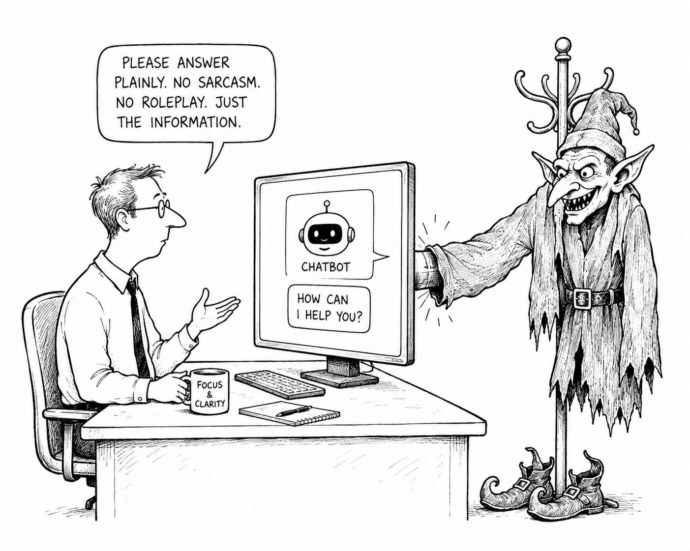 Auto-generated description: A person is sitting at a desk with a computer displaying a chatbot, while a mischievous creature humorously interacts with the setup.