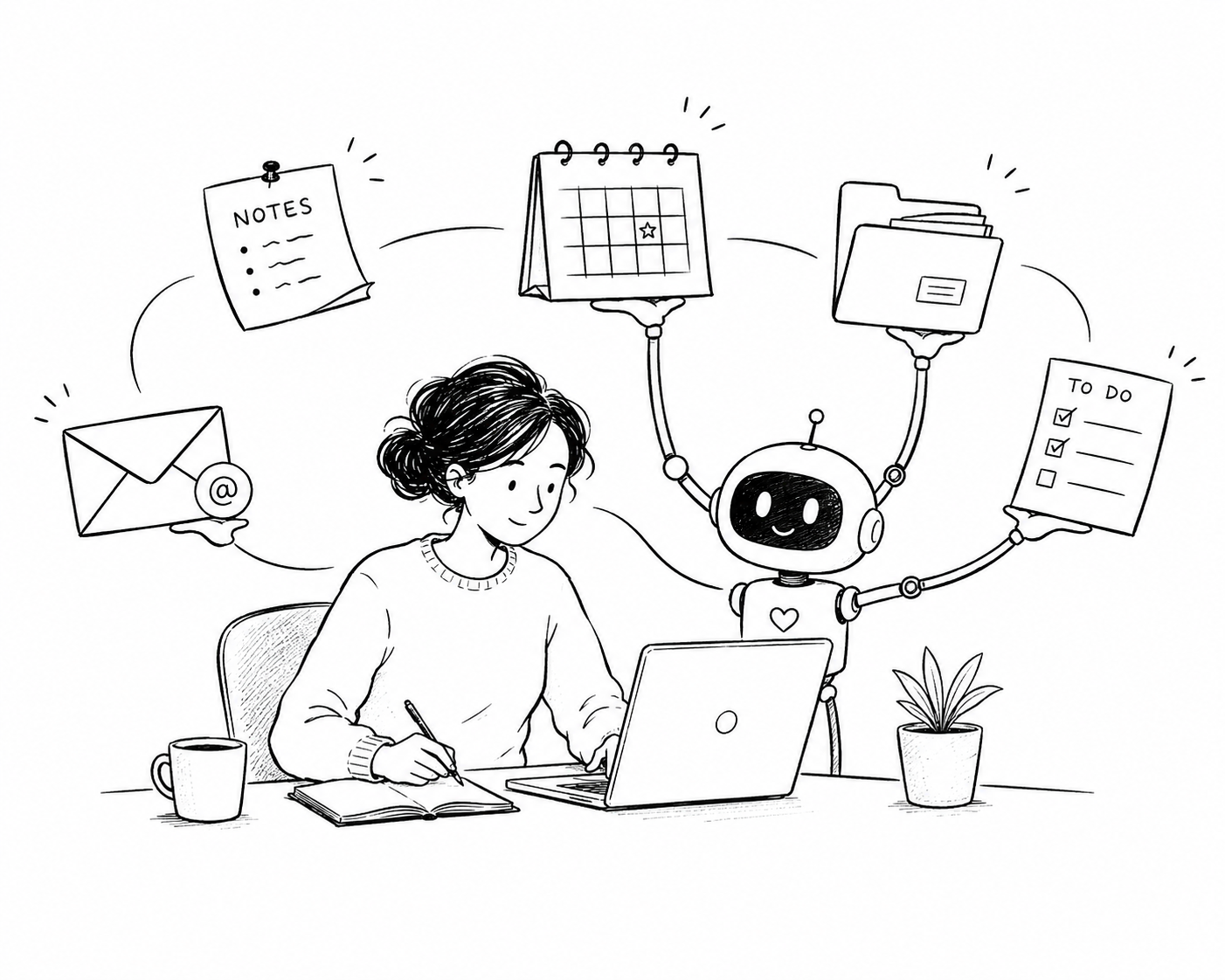 Auto-generated description: A robot assists a woman at her desk with digital tasks like organizing a calendar, to-do list, and notes, while she writes in a notebook.