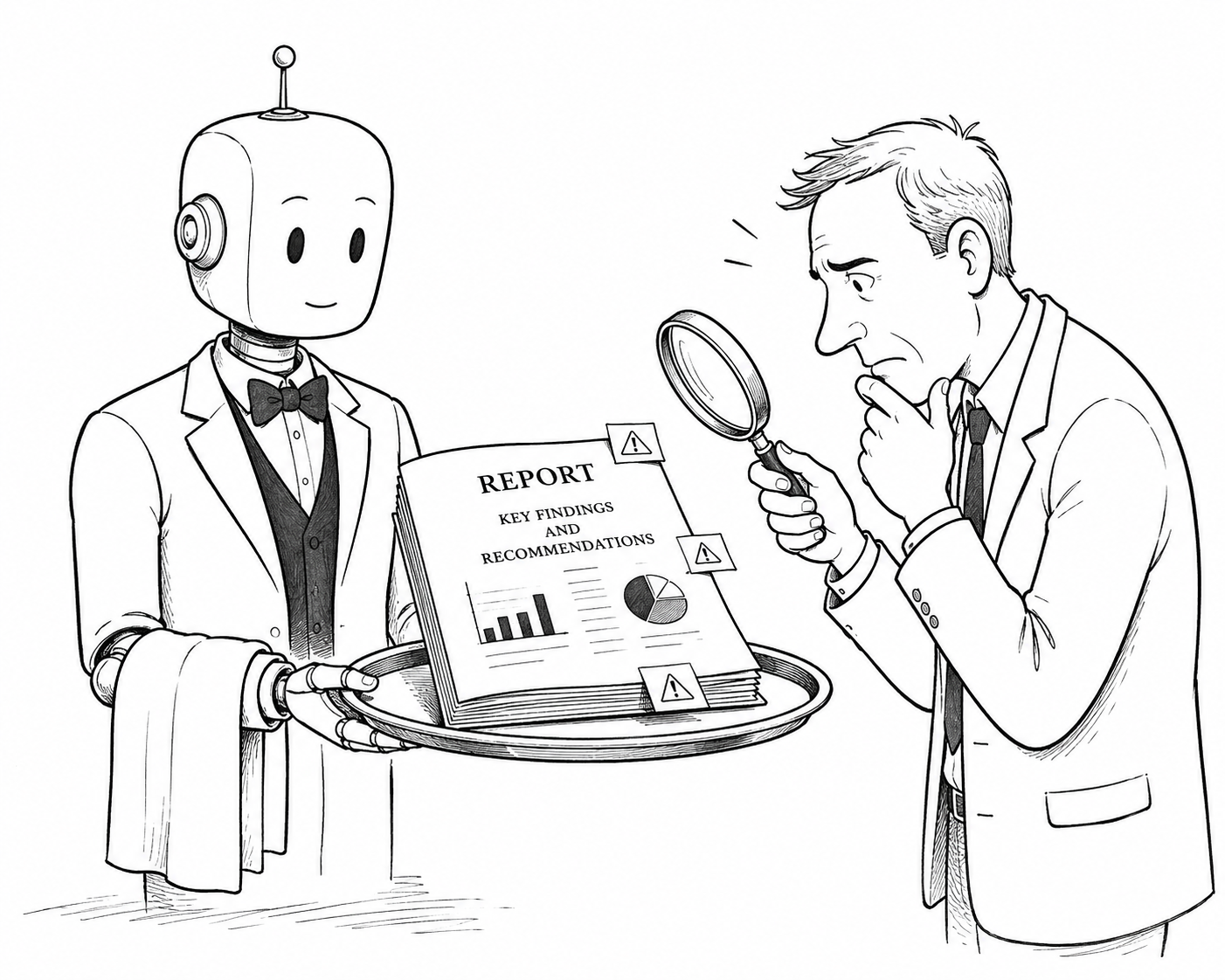 Auto-generated description: A robot dressed as a waiter presents a report to a man in a suit who examines it with a magnifying glass.