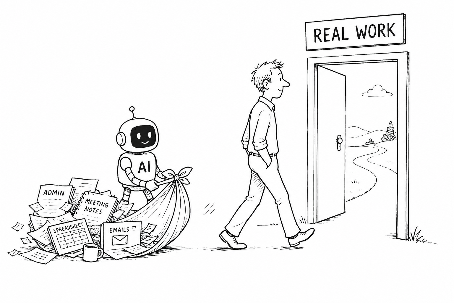 Auto-generated description: A robot labeled AI handles administrative tasks while a person heads towards a door labeled Real Work.