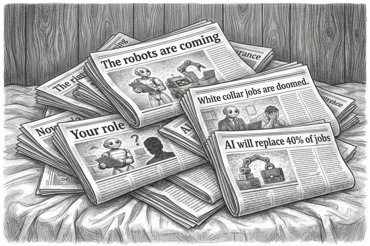 Auto-generated description: A stack of newspapers with headlines about robots and AI impacting jobs and the workforce.