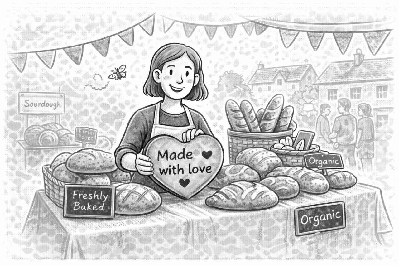 Auto-generated description: A cheerful baker at an outdoor market stall holds a heart-shaped sign that says Made with love, surrounded by a variety of freshly baked organic bread.