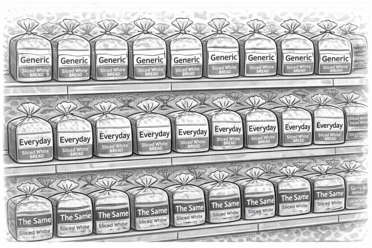 Auto-generated description: Shelves are filled with identical packages of sliced white bread labeled Generic, Everyday, and The Same.