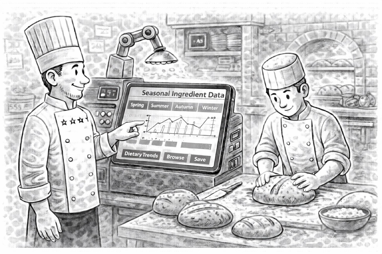 Auto-generated description: Two chefs in a bakery are discussing seasonal ingredient data displayed on a digital screen while preparing bread.