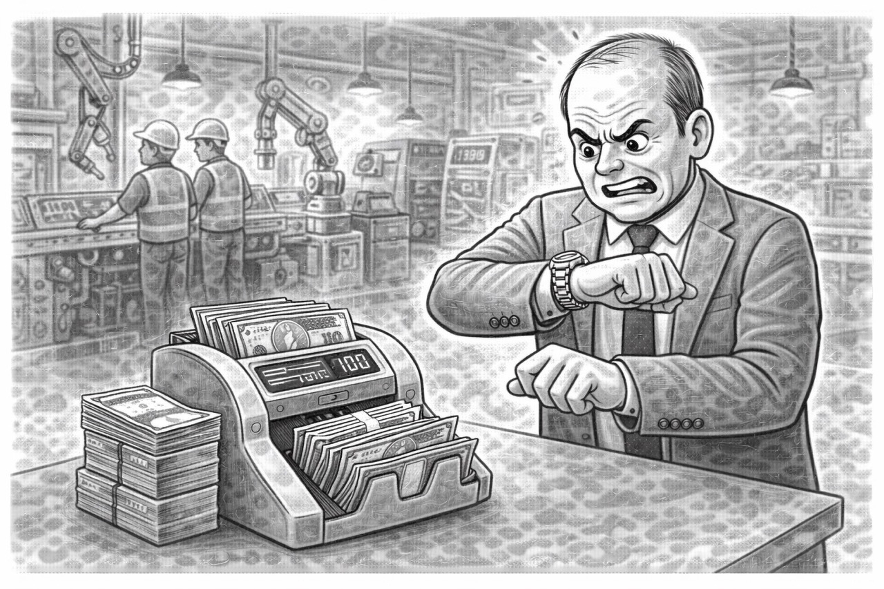 Auto-generated description: A frustrated man in a suit checks his watch while standing next to a money counting machine in a factory setting.