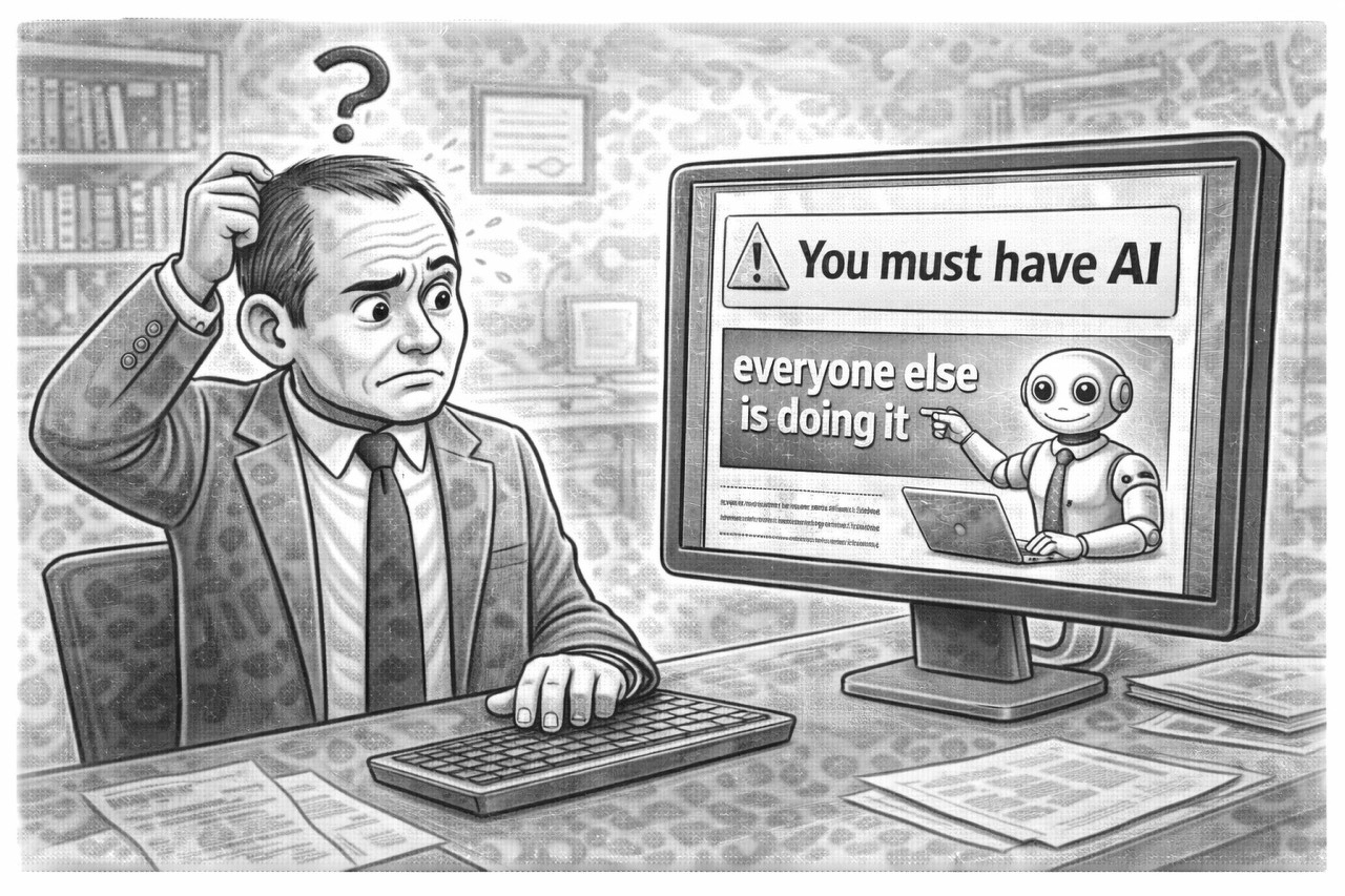 Auto-generated description: A perplexed man in a suit scratches his head while looking at a computer screen displaying a message that reads, You must have AI; everyone else is doing it, along with an illustration of a smiling robot.