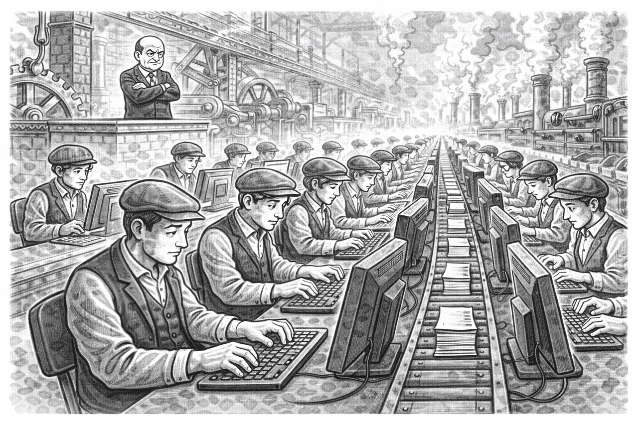 Auto-generated description: Rows of workers in an industrial-era setting type on computers while overseen by a stern figure, blending historical imagery with modern technology.