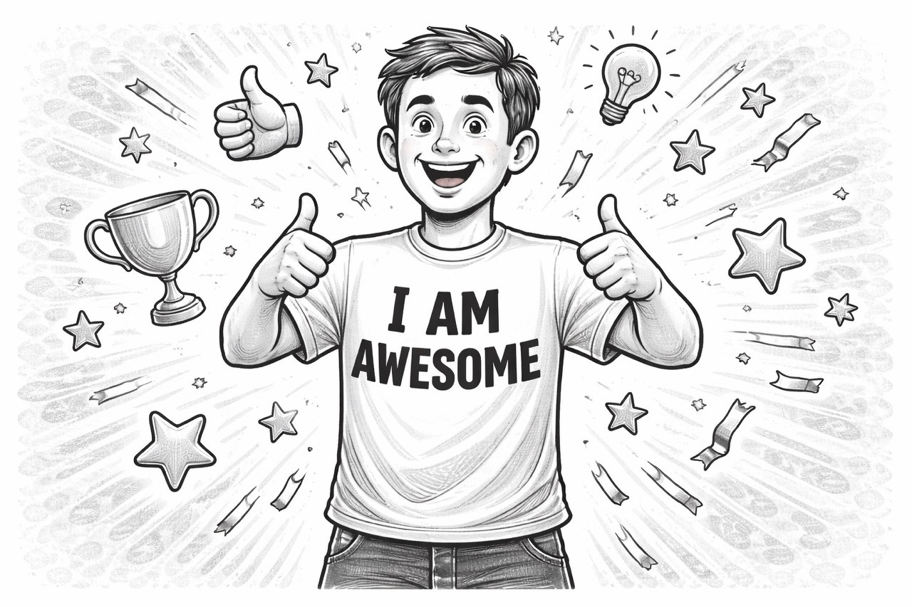 Auto-generated description: A smiling child wearing a T-shirt that says I AM AWESOME gives thumbs up, surrounded by stars, a trophy, a light bulb, and confetti.