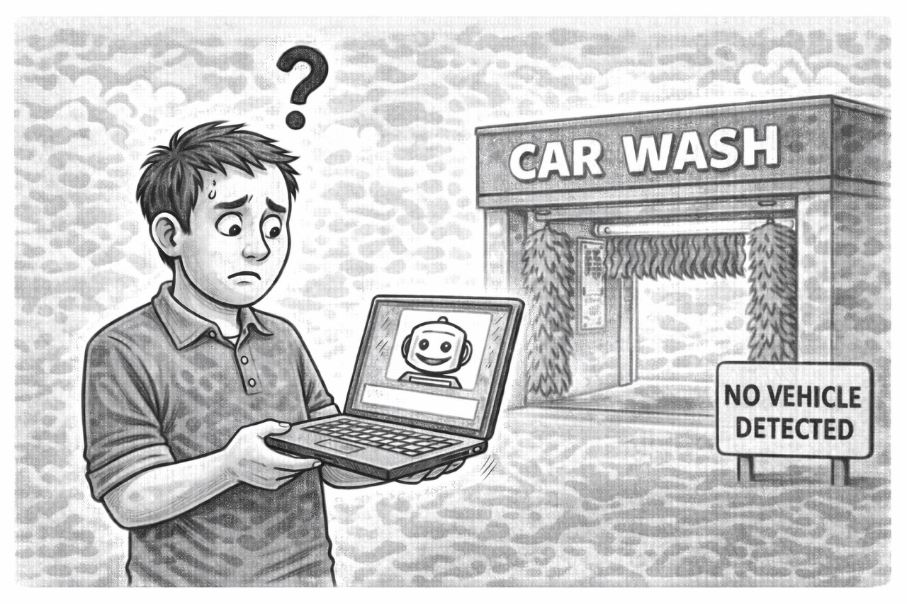 Auto-generated description: A confused person is standing outside an empty car wash holding a laptop showing a robot icon, next to a sign saying NO VEHICLE DETECTED.