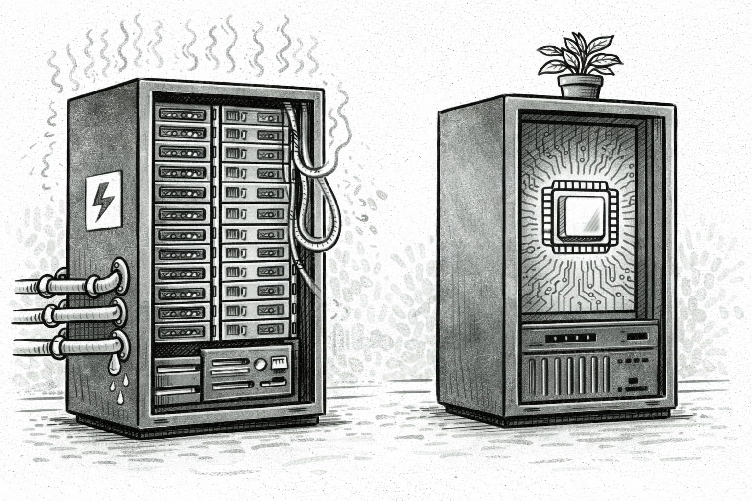 A hot, inefficient server with cables and steam is contrasted with a sleek, high-tech server featuring a glowing chip and a plant on top.