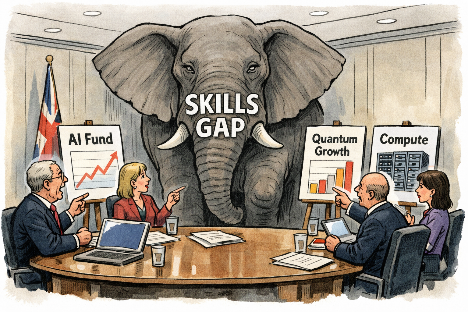 Auto-generated description: Business people in a meeting room are pointing at charts labeled AI Fund, Quantum Growth, and Compute, while a large elephant labeled Skills Gap stands between them, symbolising an overlooked issue.