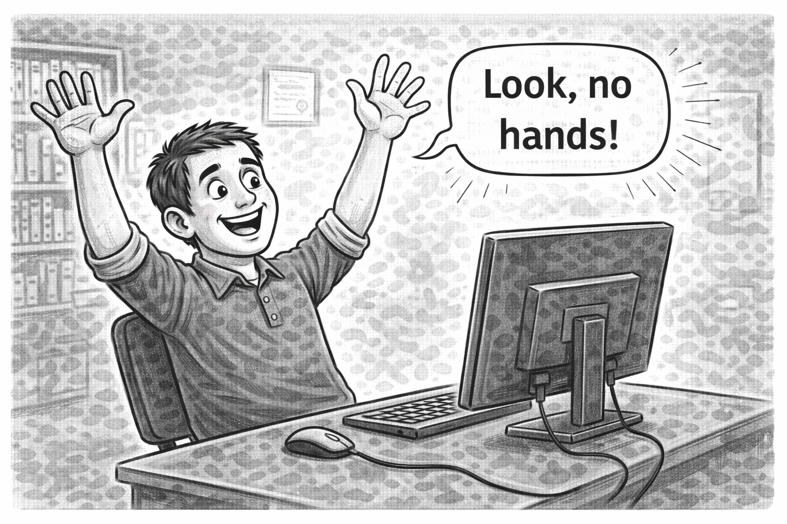 Auto-generated description: A person joyfully raises their hands in front of a computer monitor, exclaiming, Look, no hands!