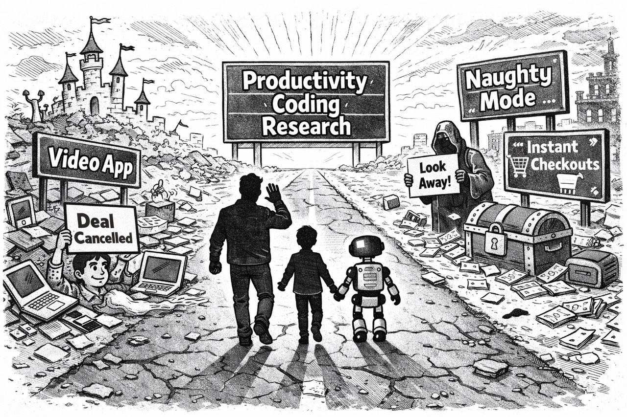 Auto-generated description: A person and a robot walk toward signs labeled Productivity, Coding, and Research, leaving behind a chaotic landscape with signs like Naughty Mode and Video App Deal Cancelled.
