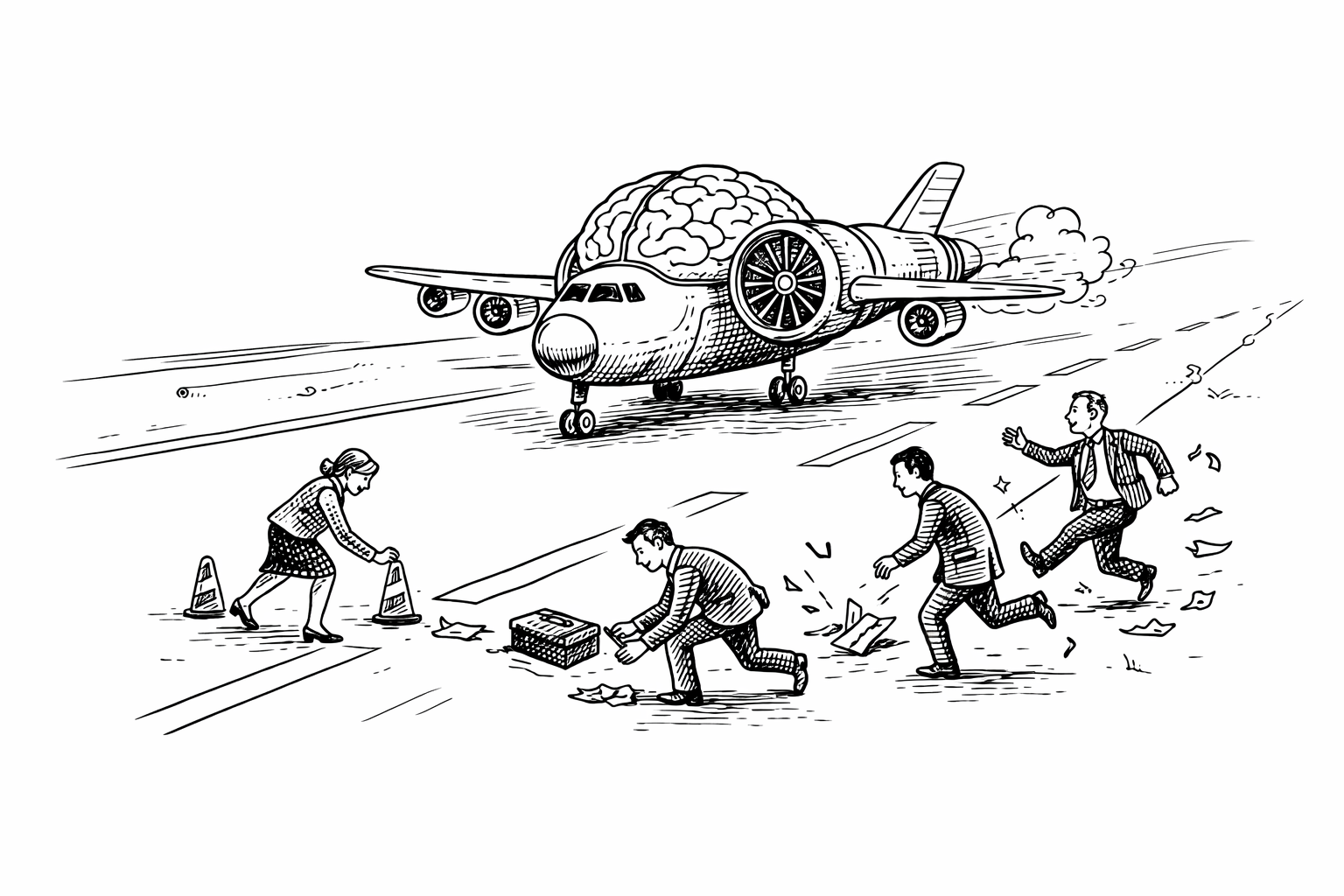 Auto-generated description: A cartoon illustrates people scrambling on a runway to collect papers dropped from a briefcase, while an airplane with a brain as its engine descends nearby.