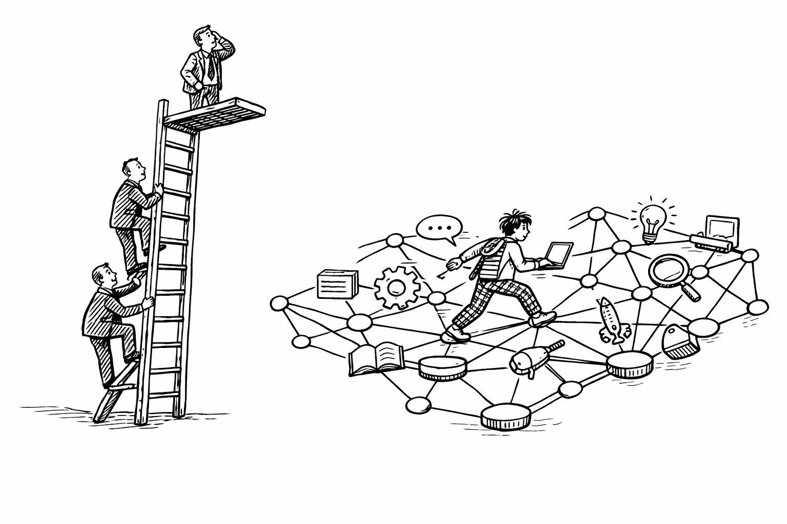 Auto-generated description: Three people on a ladder observe another person navigating a complex network of interconnected symbols like gears, a light bulb, and electronic devices, illustrating the concept of innovation and exploration.