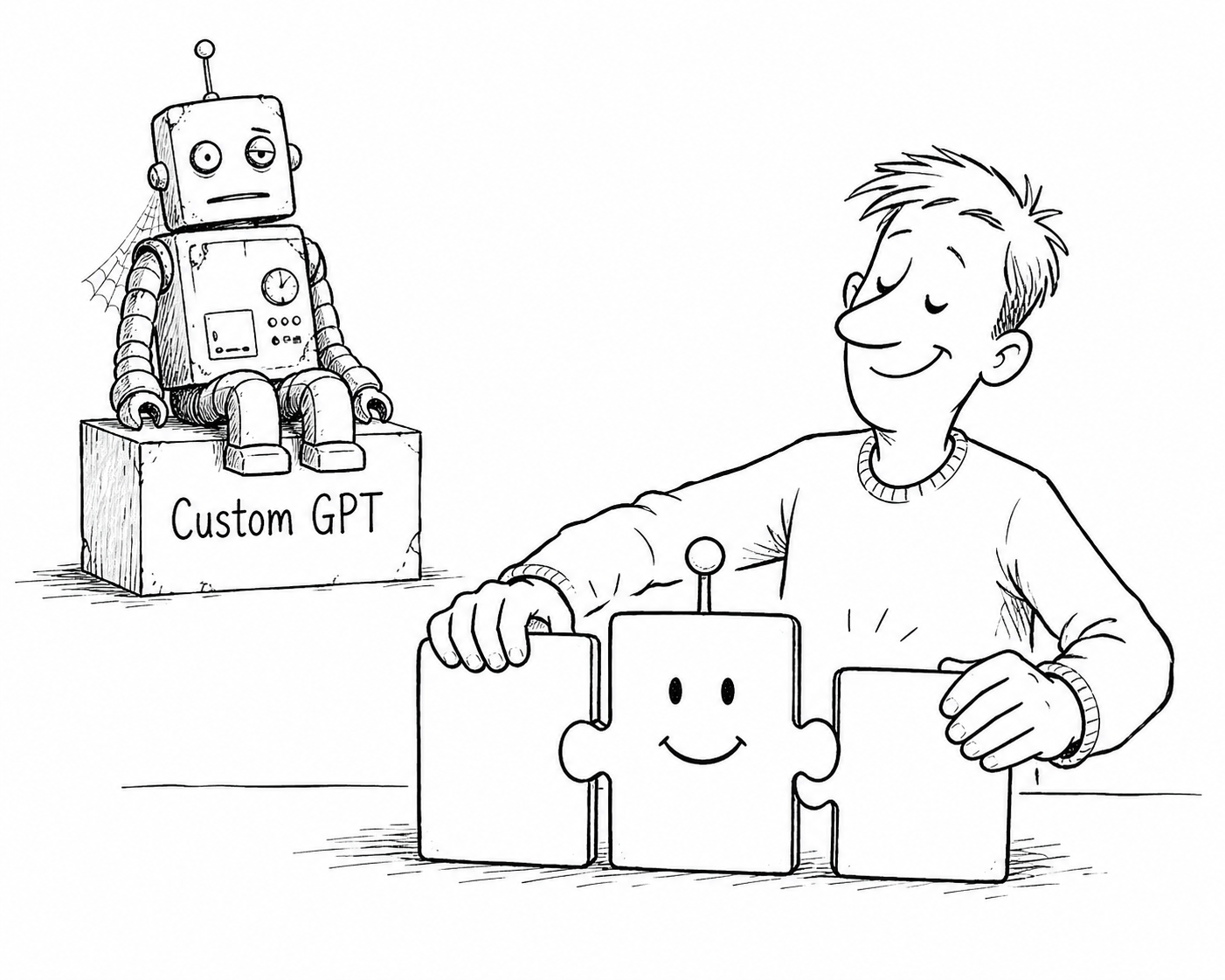 Auto-generated description: A person is assembling puzzle pieces with a smiling face, while a robot labeled Custom GPT sits nearby on a block.