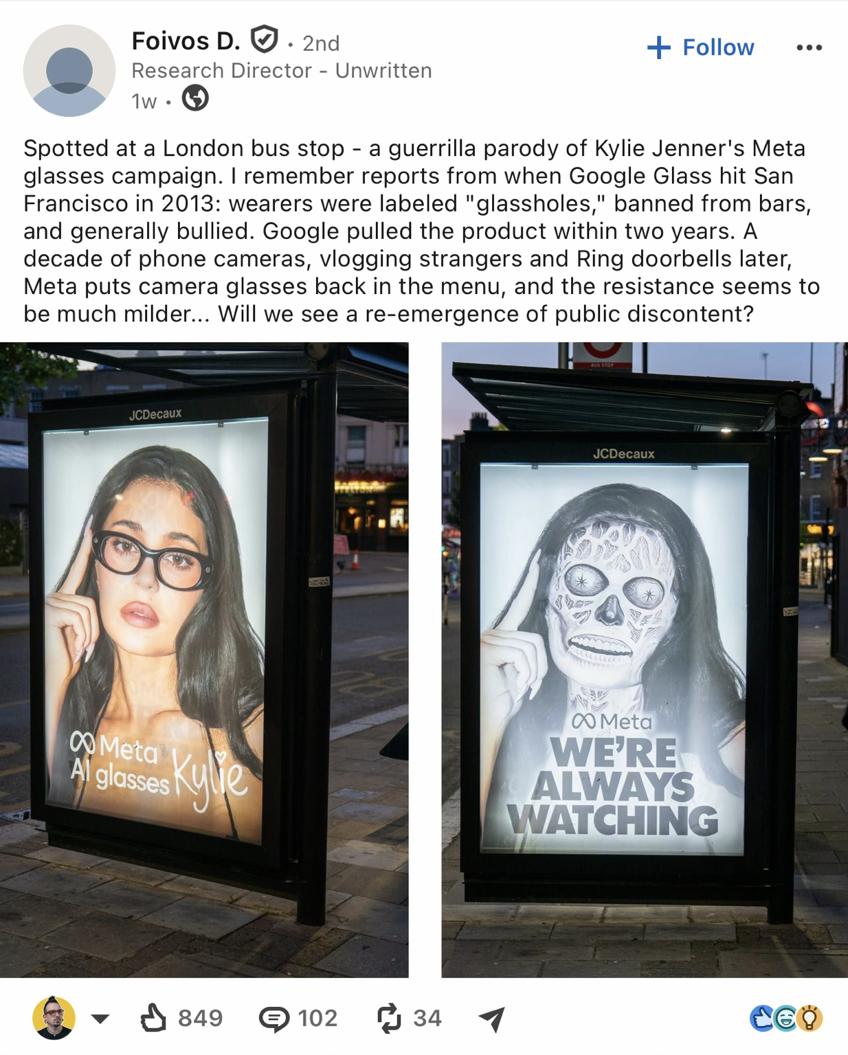 Auto-generated description: Two side-by-side photos of a guerrilla parody at a London bus stop spoofing Kylie Jenner's Meta glasses campaign, with one ad showing a normal image and the other a skeleton-like face with the text WE'RE ALWAYS WATCHING.