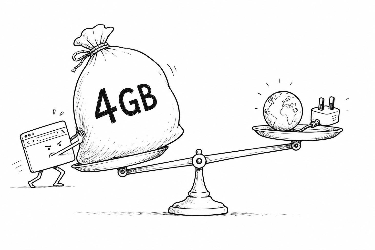 Auto-generated description: A cartoon depicts an unbalanced scale with a heavy 4GB data bag outweighing a small world and plug on the other side, suggesting excessive data usage.